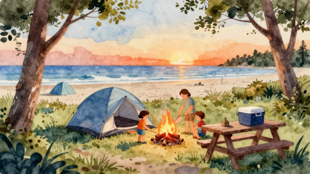 Family camping at Tybee Island with fire ring, beach visible in background