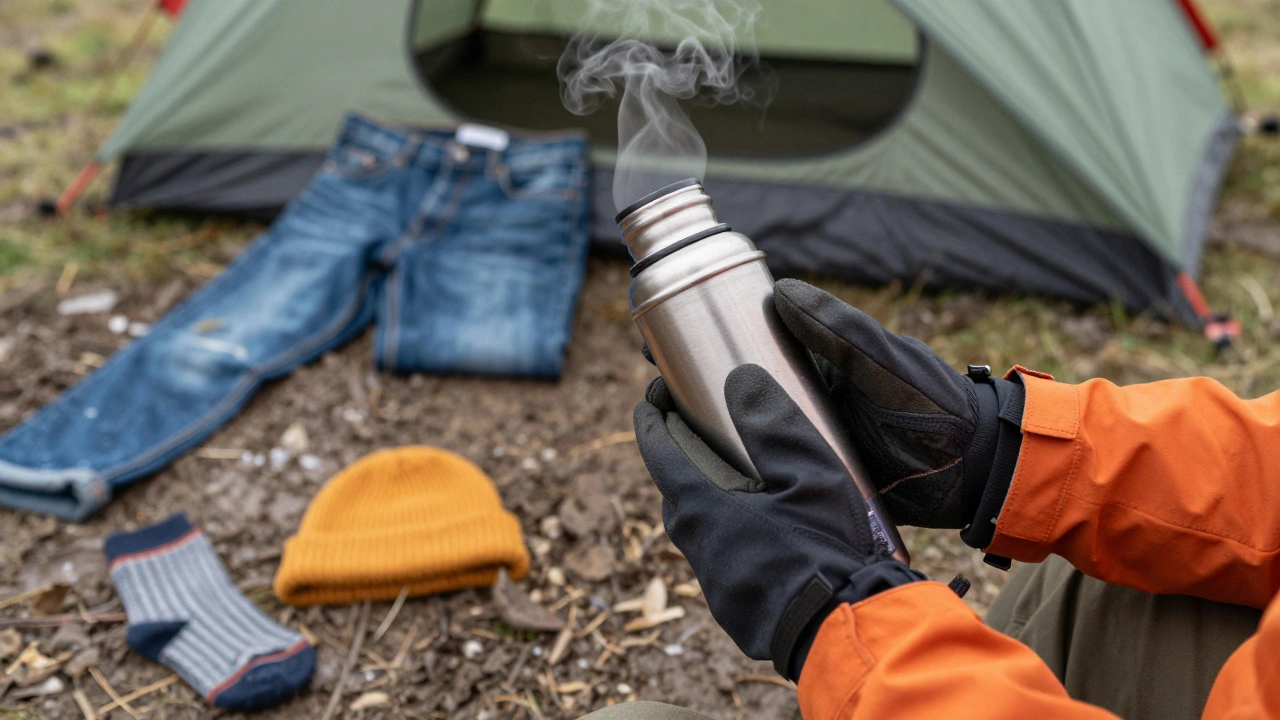 Hands in waterproof gloves holding a thermos, with damp jeans discarded in mud and dry socks neatly arranged.