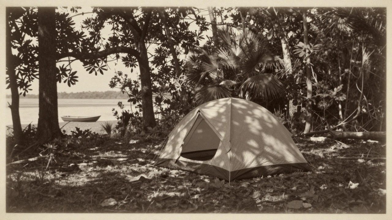 Primitive tent on Ossabaw Island surrounded by wilderness, no facilities