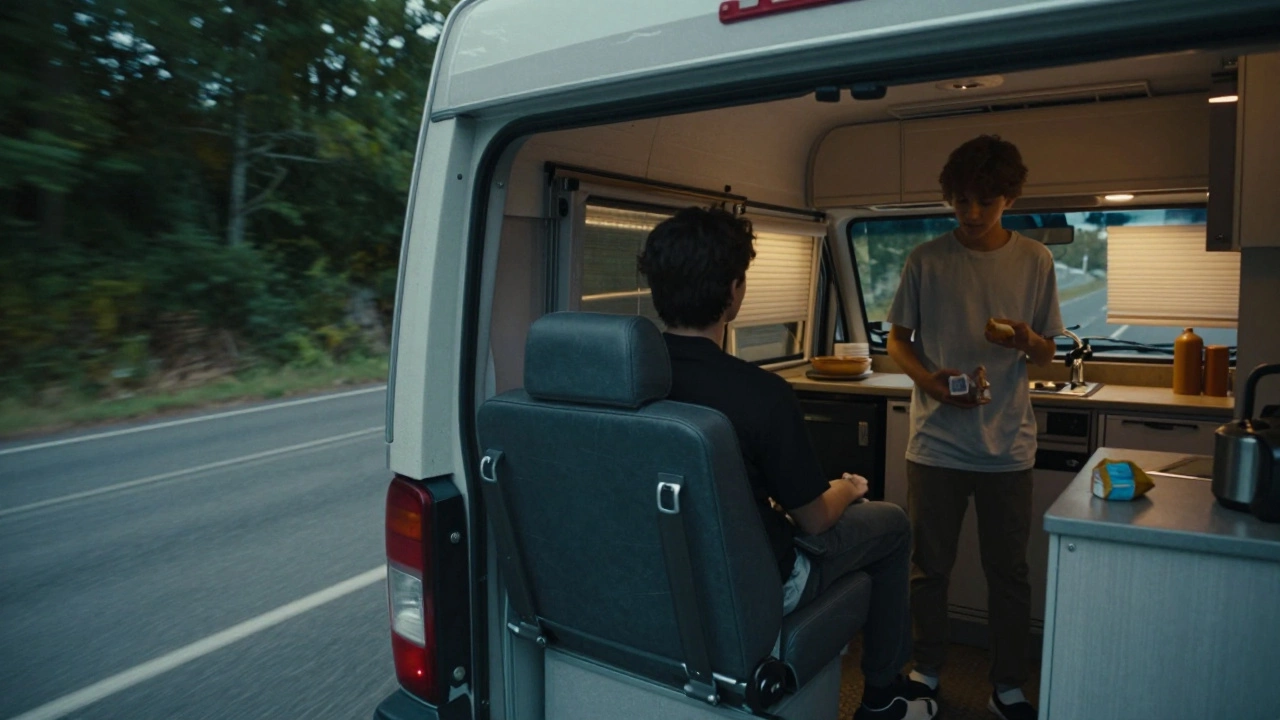Teenager standing unsafely in a moving motorhome near the kitchen counter.