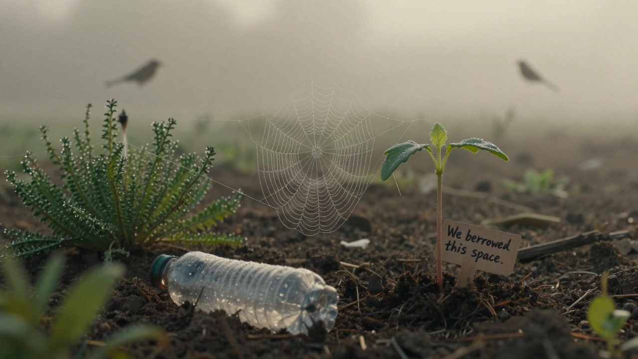 A dew-covered spiderweb between native plants, with a sapling growing where a plastic bottle was once buried.