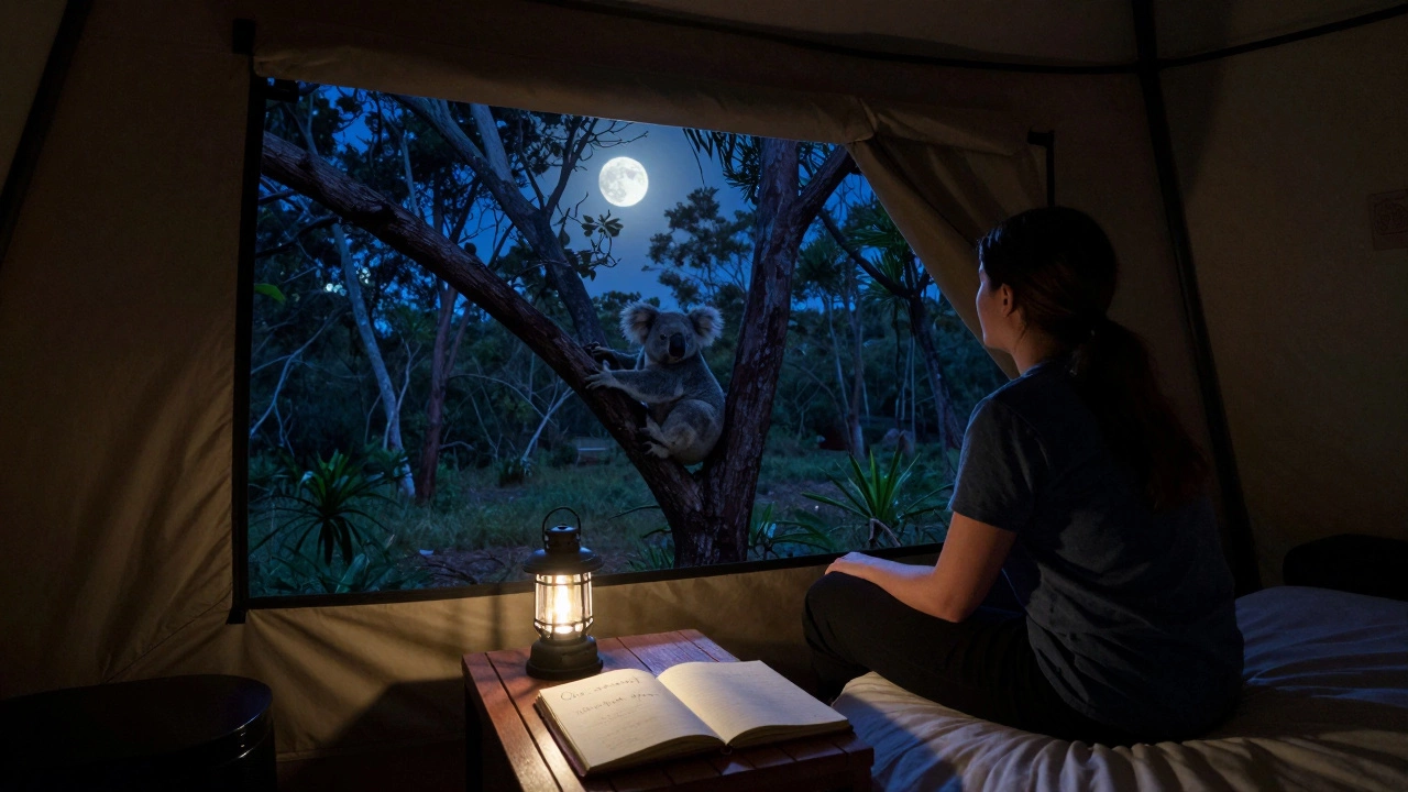 A guest sits quietly in a glamping pod at night, watching a koala in the moonlit bushland through the window.