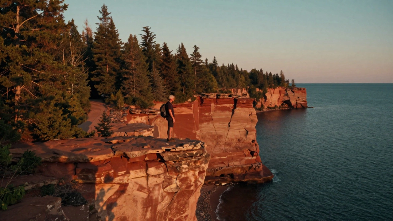A hiker at a cliff edge at sunset, with colorful sandstone cliffs and dense forest stretching toward Lake Superior.