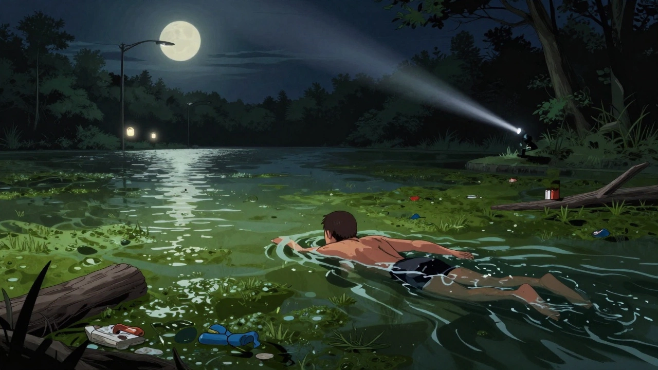 A lone person entering the dark, algae-filled waters of Lake Fairfax at night, with a distant ranger's flashlight beam highlighting the danger.