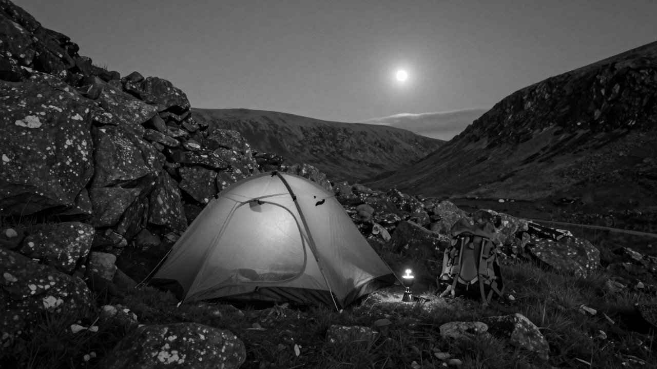 A lone tent hidden in rocky hills under a full moon, with a distant road faintly visible on the horizon.