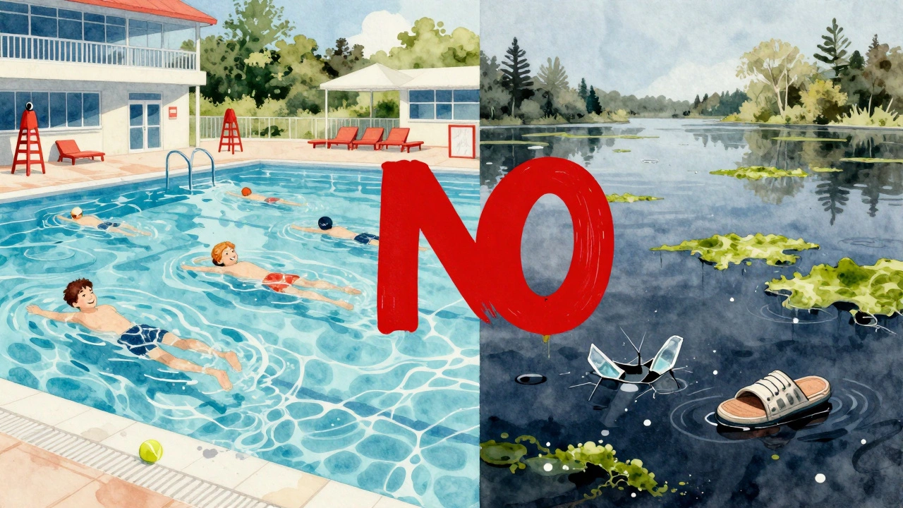 A split-image painting showing a clean, safe swimming pool on one side and a polluted, hazardous lake on the other.
