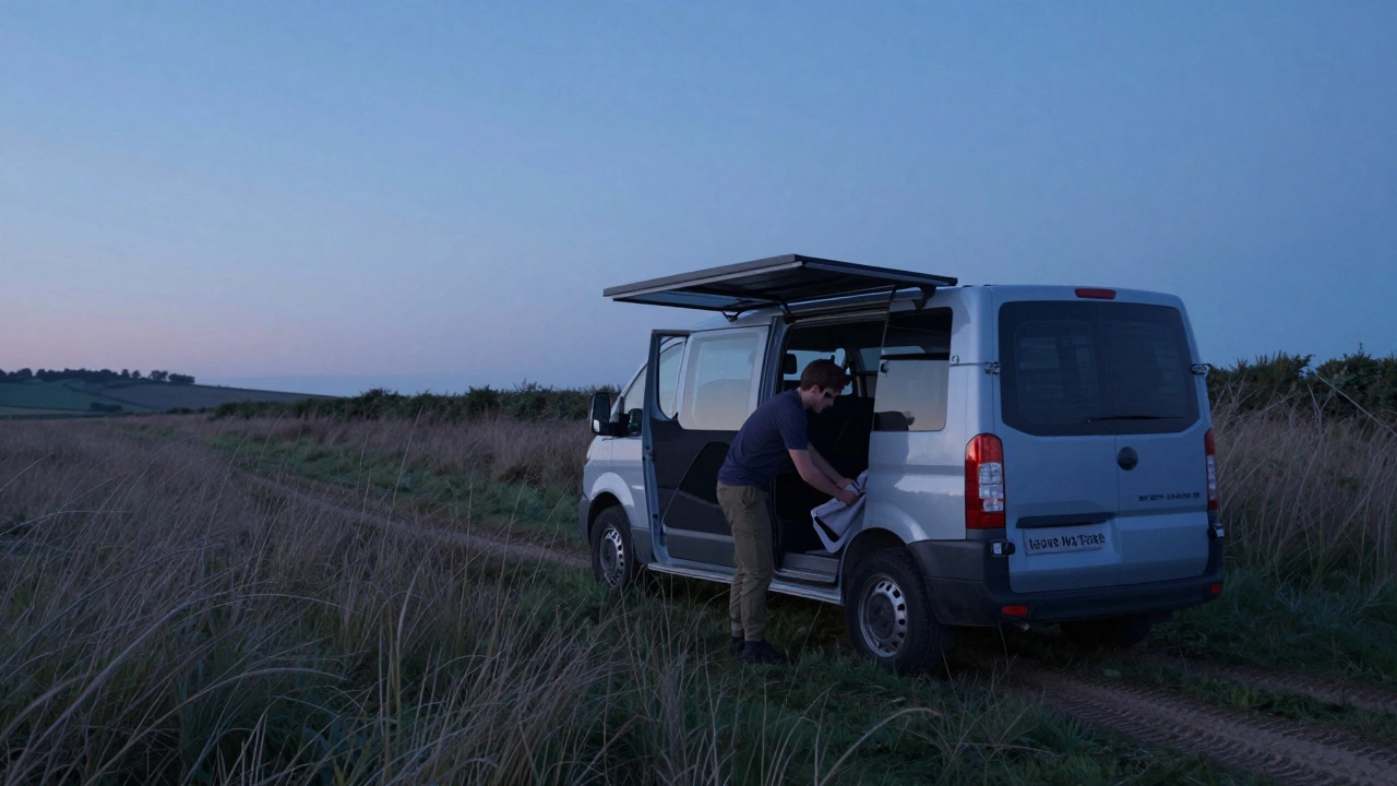 A traveler packing up a van at sunrise beside tall grass, leaving no trace behind.