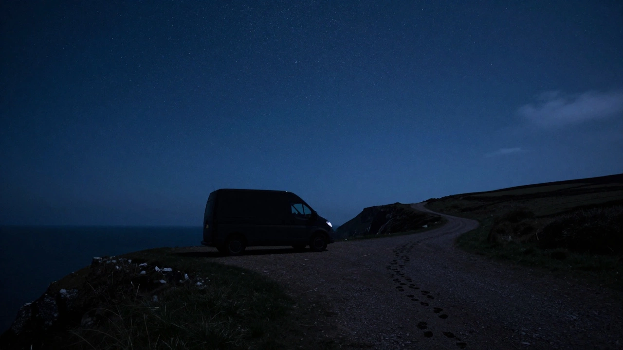A van silhouetted on a coastal cliff at night under a starry sky, completely dark and discreet.