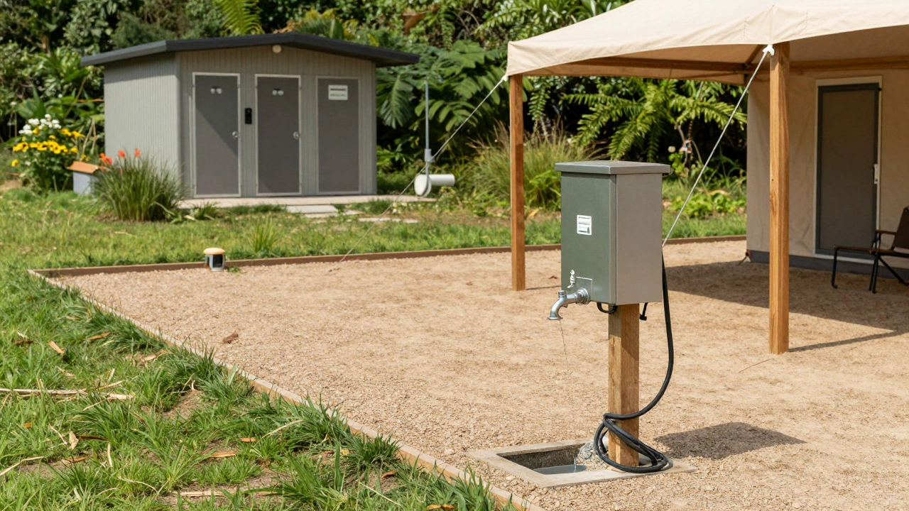 Campsite utilities showing power point and water tap access.