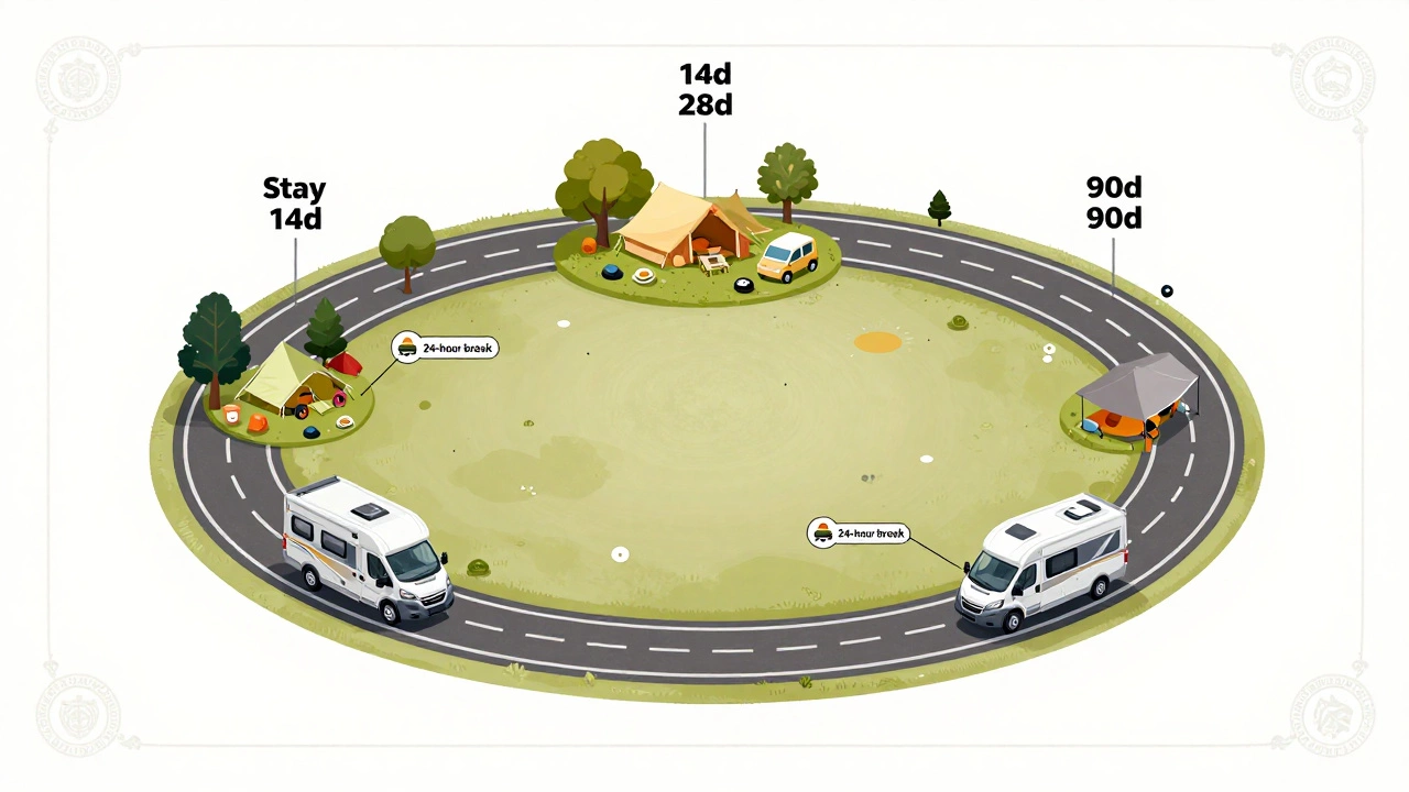 Circular route showing three UK campsites with different maximum stay lengths.