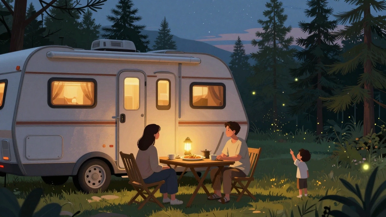 Couple enjoying a quiet evening meal outside their RV as fireflies glow in the dusk.