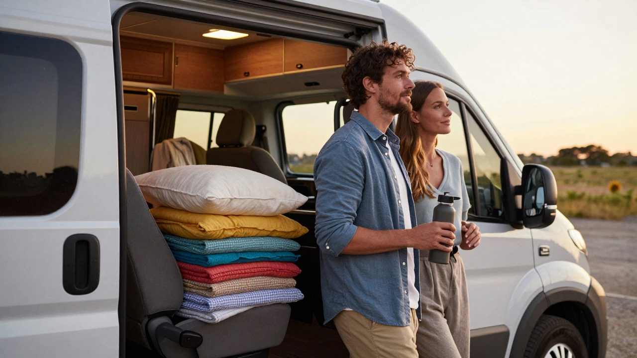 Couple packing bedding and gear at the entrance of a motorhome during sunset