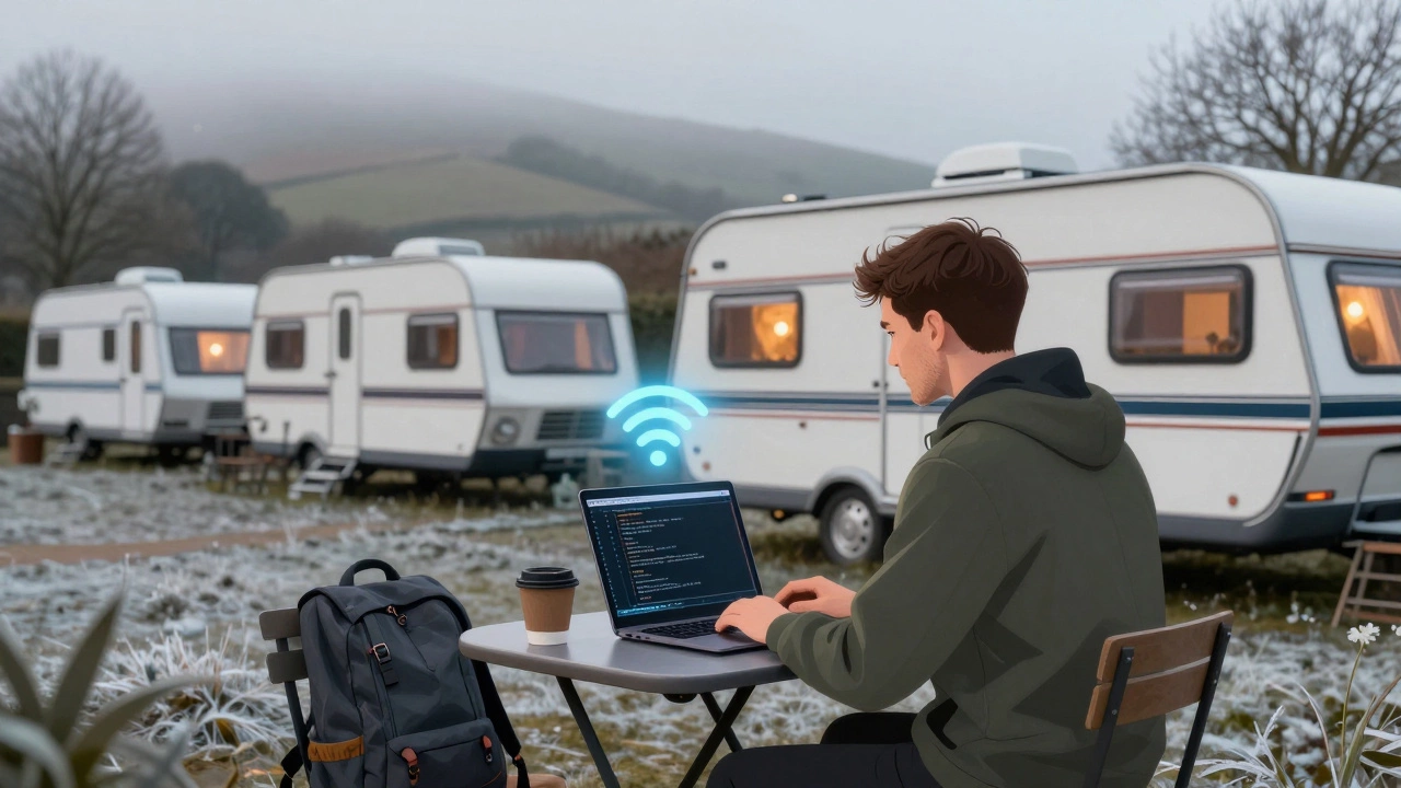 Digital nomad working outside a caravan park in winter with Wi-Fi symbol visible.
