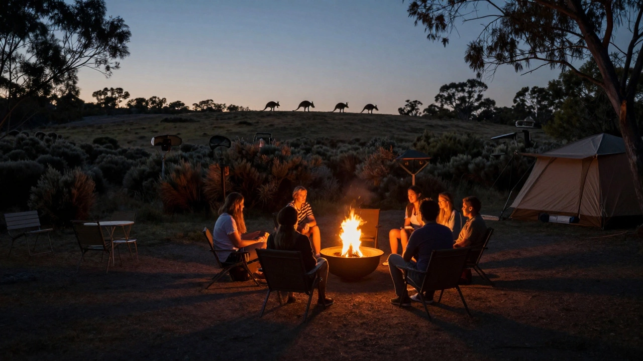 Evening campground scene with campers and distant wildlife.