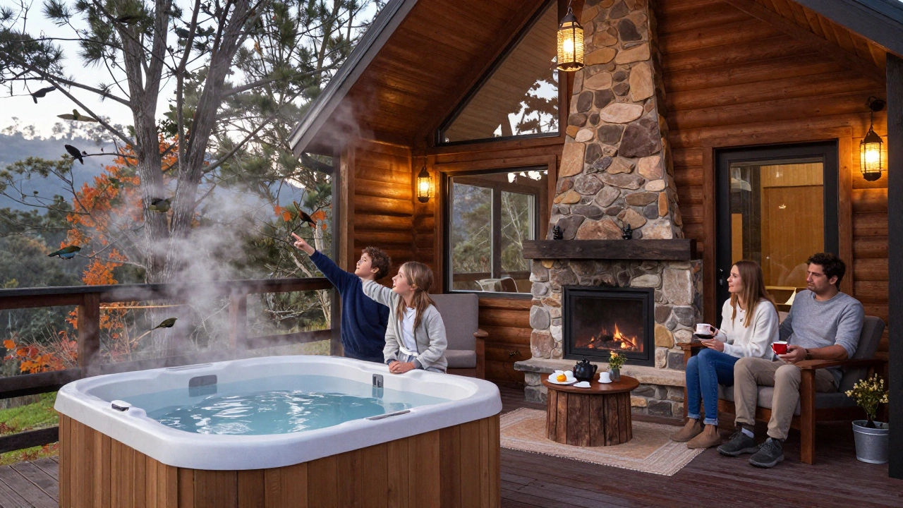 Family enjoying a wooden glamping cabin with hot tub and forest views in the Blue Mountains.