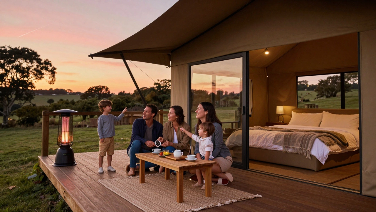 Family enjoying tea on a safari tent deck at sunset, with glass windows reflecting the sky and a glowing heater inside.