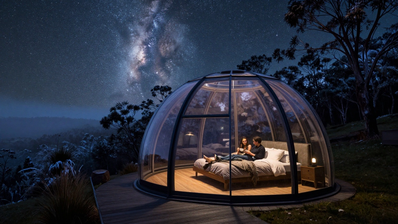 Glass dome tent with panoramic starry sky view and couple relaxing on a heated floor.