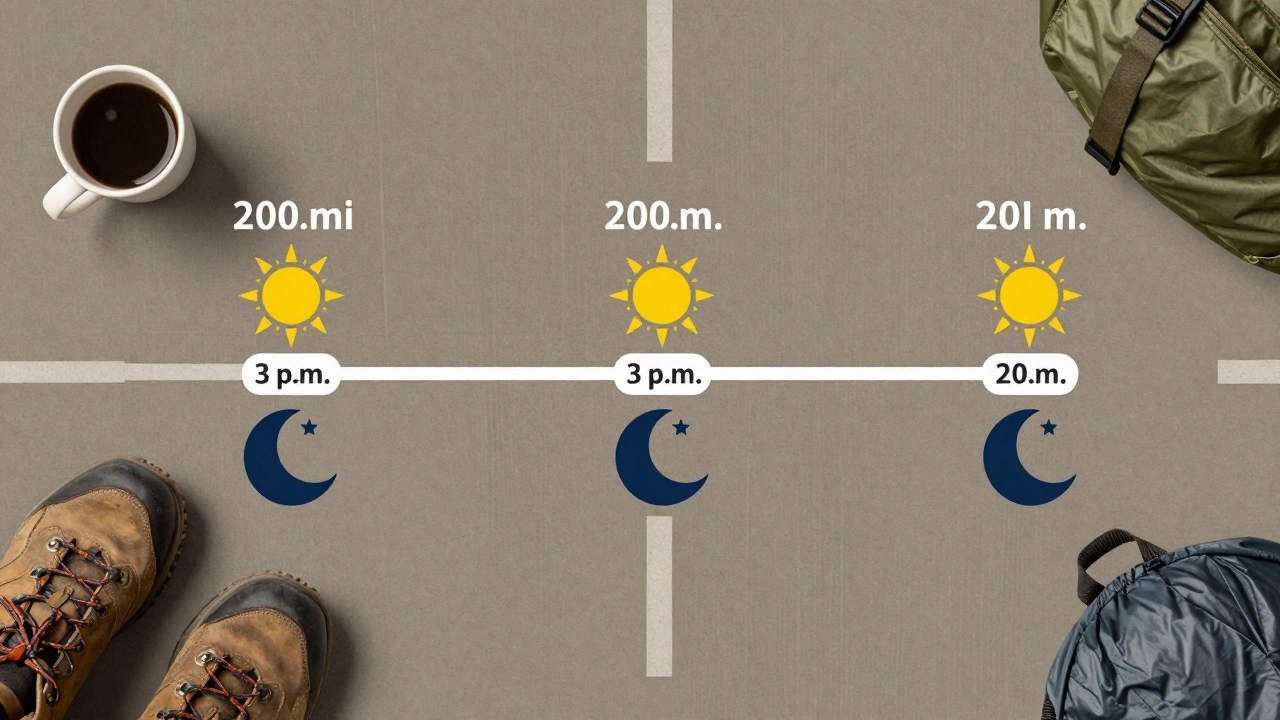 Map showing three RV stops with 200-mile segments and symbols for 2 p.m. arrival and two-night stays.
