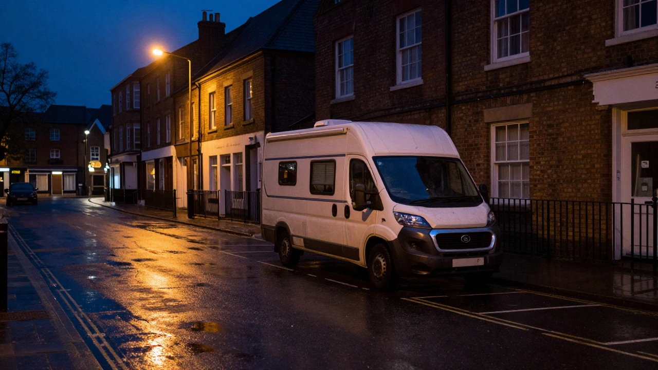 Motorhome parked on empty urban street at night