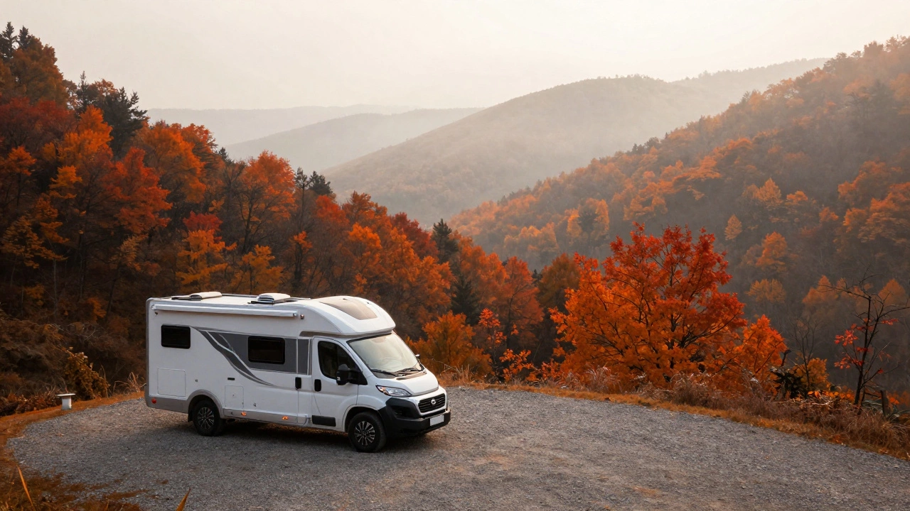 RV parked in a scenic valley with autumn trees and misty morning light