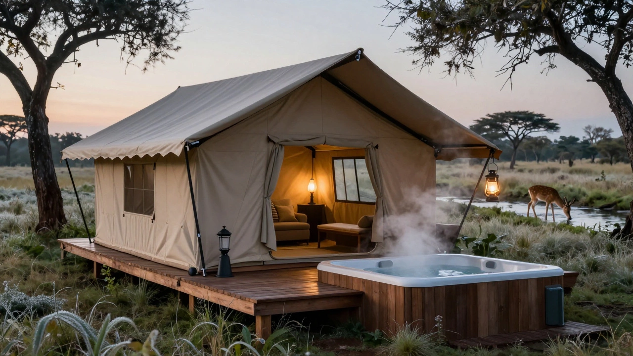 Safari tent at dawn with hot tub on deck, steam rising, and deer drinking from stream under open canvas walls.