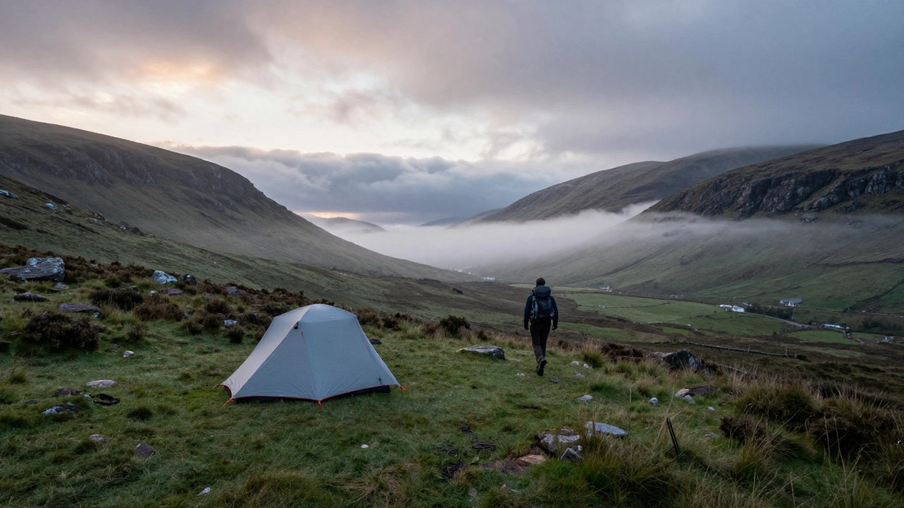 Solo tent pitched on misty Scottish Highland moorland