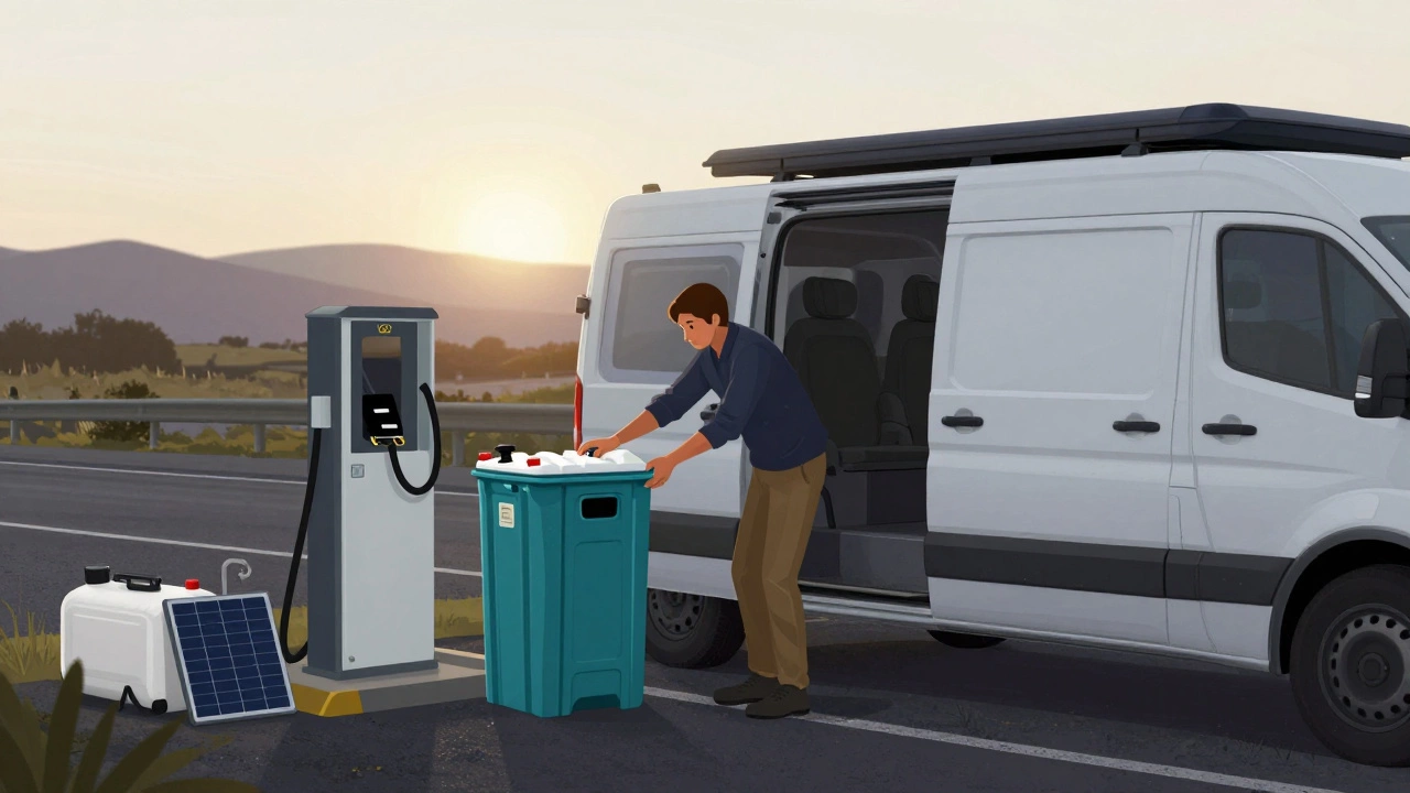 Someone emptying a portable toilet at a service point at dawn, with van gear nearby and no one else around.