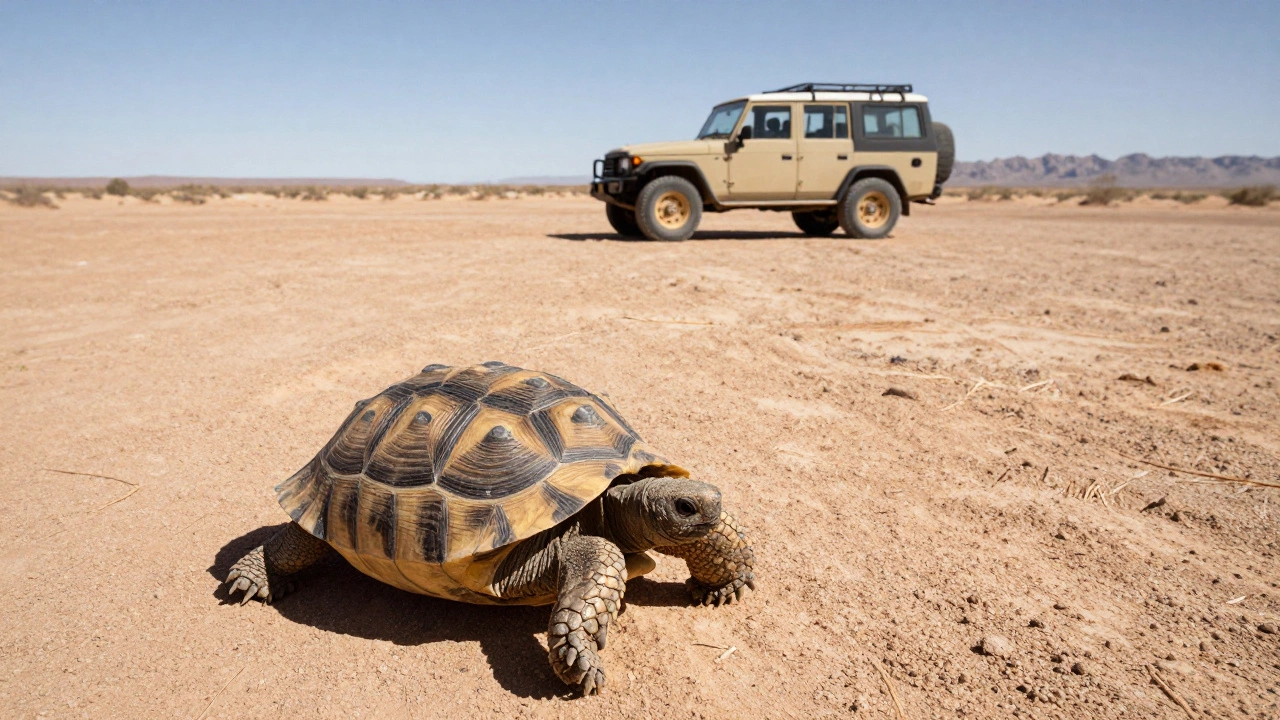 A 4x4 vehicle parked on Mojave desert land with a desert tortoise in the foreground.