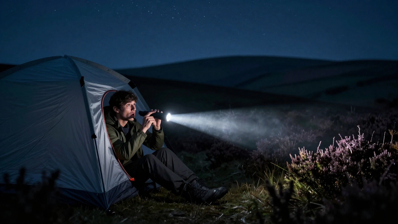 A bright flashlight beam hitting a tent in the dark countryside