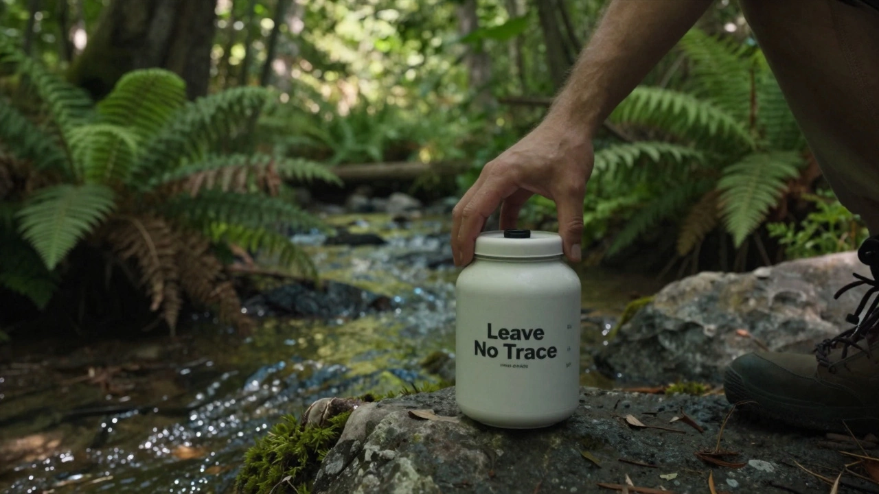 A close-up of a bear-resistant food canister being placed on a rock in a lush forest.