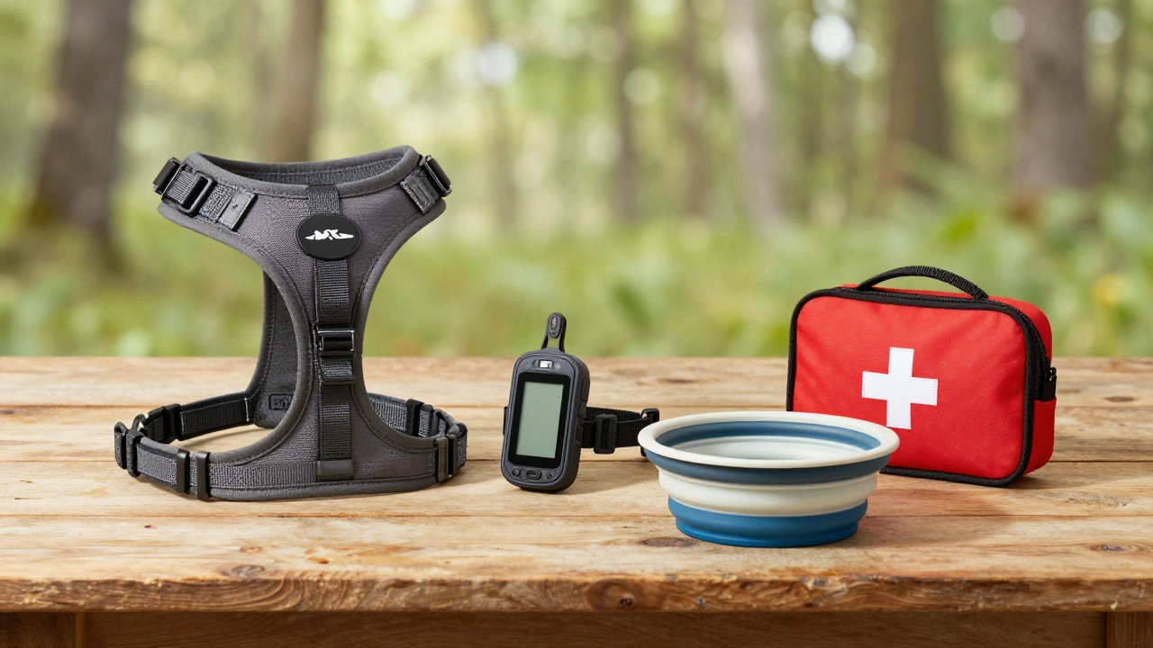 A collection of dog camping safety gear including a GPS collar, harness, and first-aid kit.