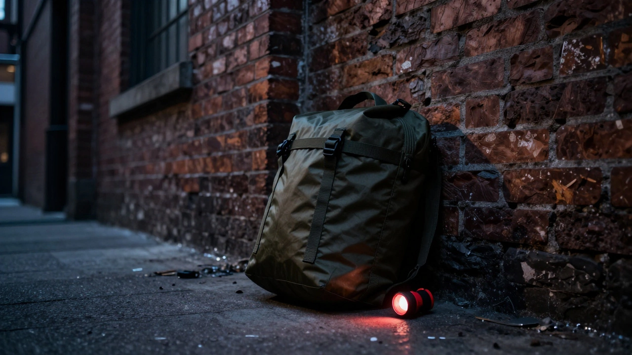 A dark olive bivy bag hidden in the shadows of an industrial brick alleyway at dusk