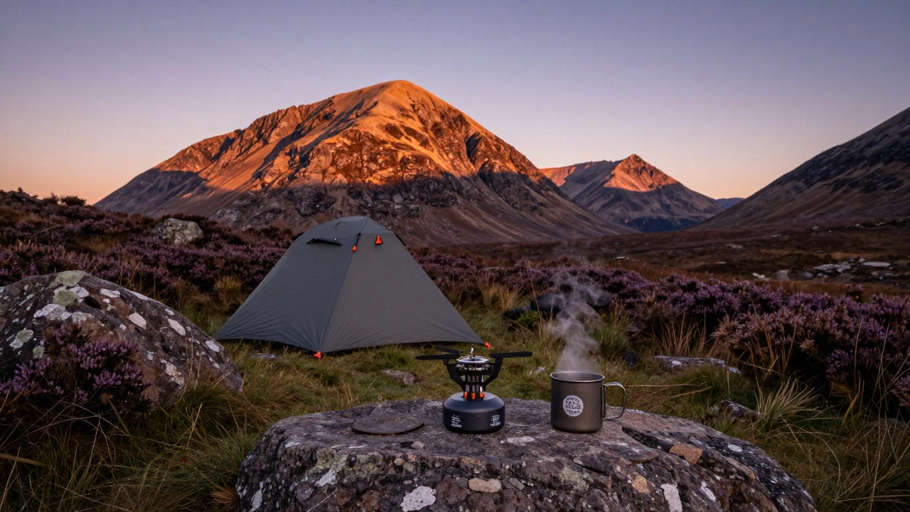 A discreetly pitched tent and gas stove in the Scottish Highlands at sunset