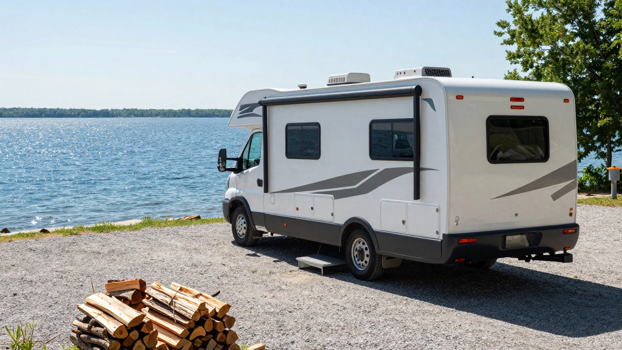 A luxury Class A RV parked on a gravel pad at a premium waterfront campsite by a blue lake.