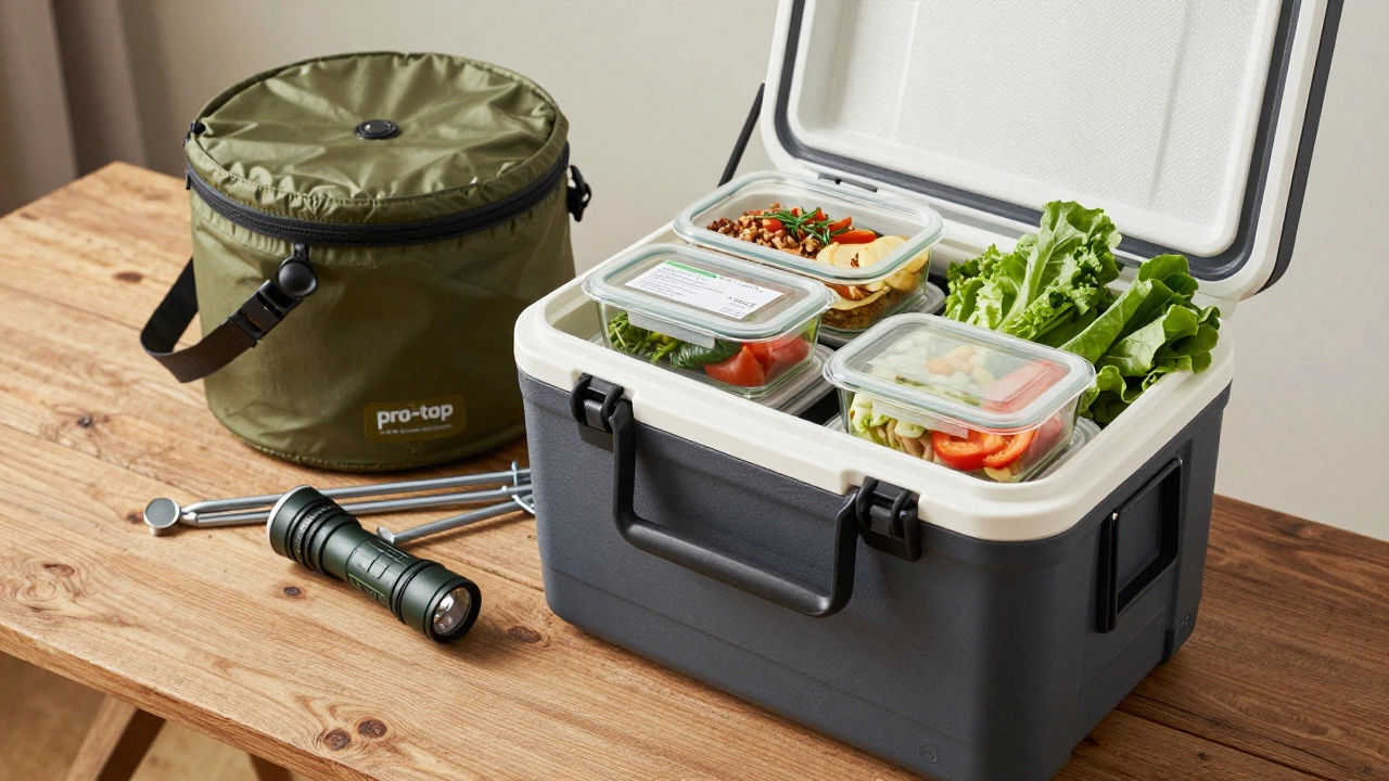A packed camping cooler and gear organized on a wooden table