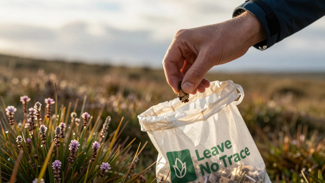 A person picking up litter from the moorland to follow Leave No Trace principles