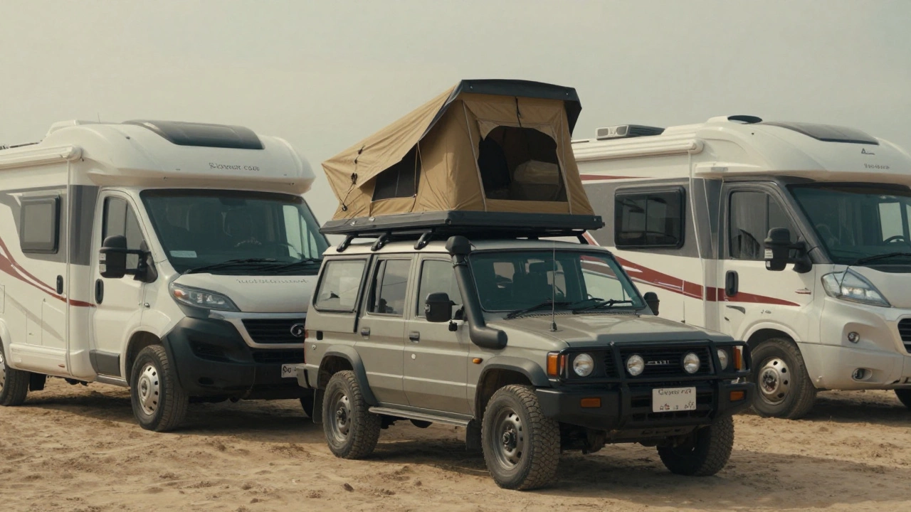 A small 4x4 with a roof-top tent parked close to large motorhomes to blend in.