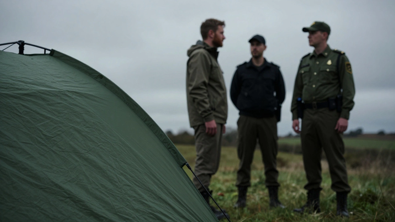 A tent in the foreground with a farmer and park ranger approaching in the distance