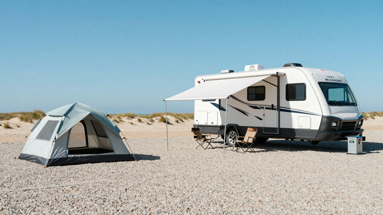 A variety of campsites including a small tent and a large RV with an awning