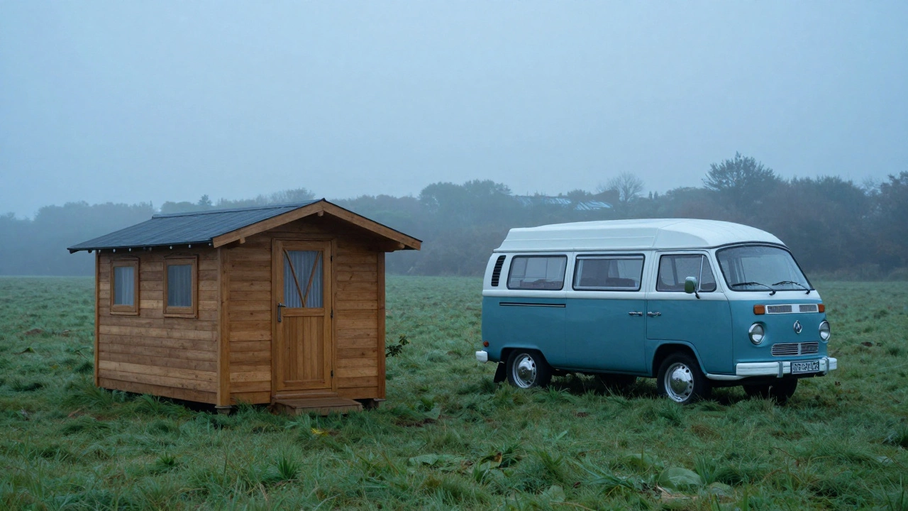 A wooden glamping pod and a vintage campervan in a misty countryside park