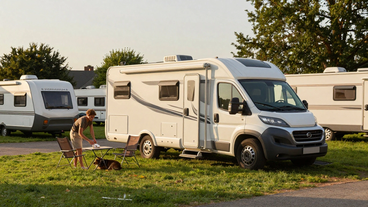 An RV parked at a sunny campsite during the afternoon with outdoor gear set up