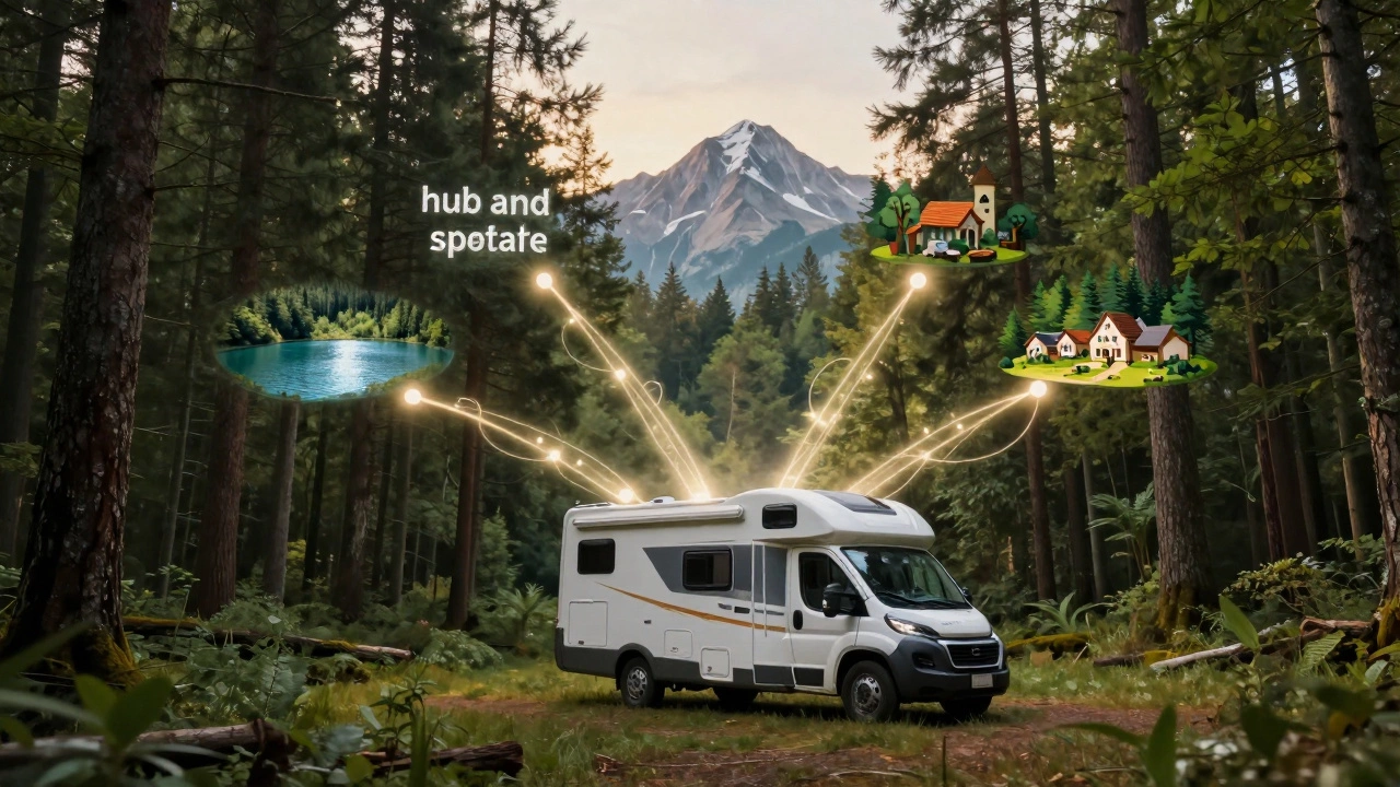 An RV parked in a forest with glowing paths leading to local nature attractions