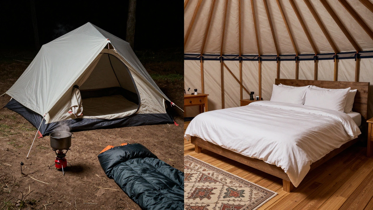 Comparison between a basic nylon camping tent and a luxury yurt interior