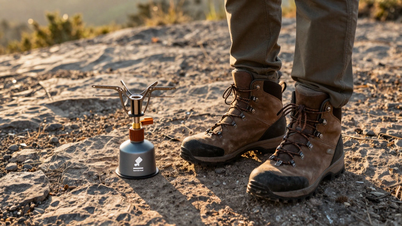 Hiking boots and a camping stove on rocky ground, illustrating Leave No Trace ethics.