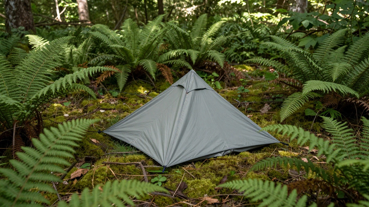 Pristine forest floor with ferns and moss showing no trace of a previous campsite