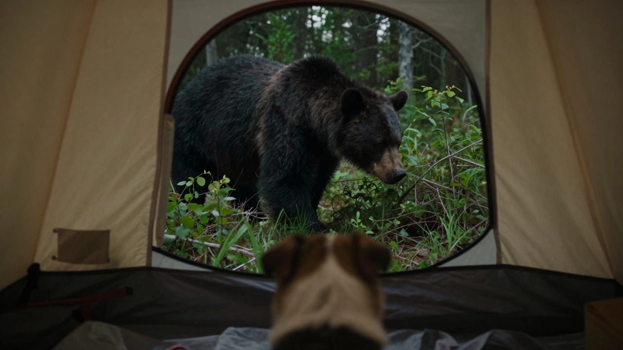 Silhouette of a black bear outside a camping tent where a dog is staying.
