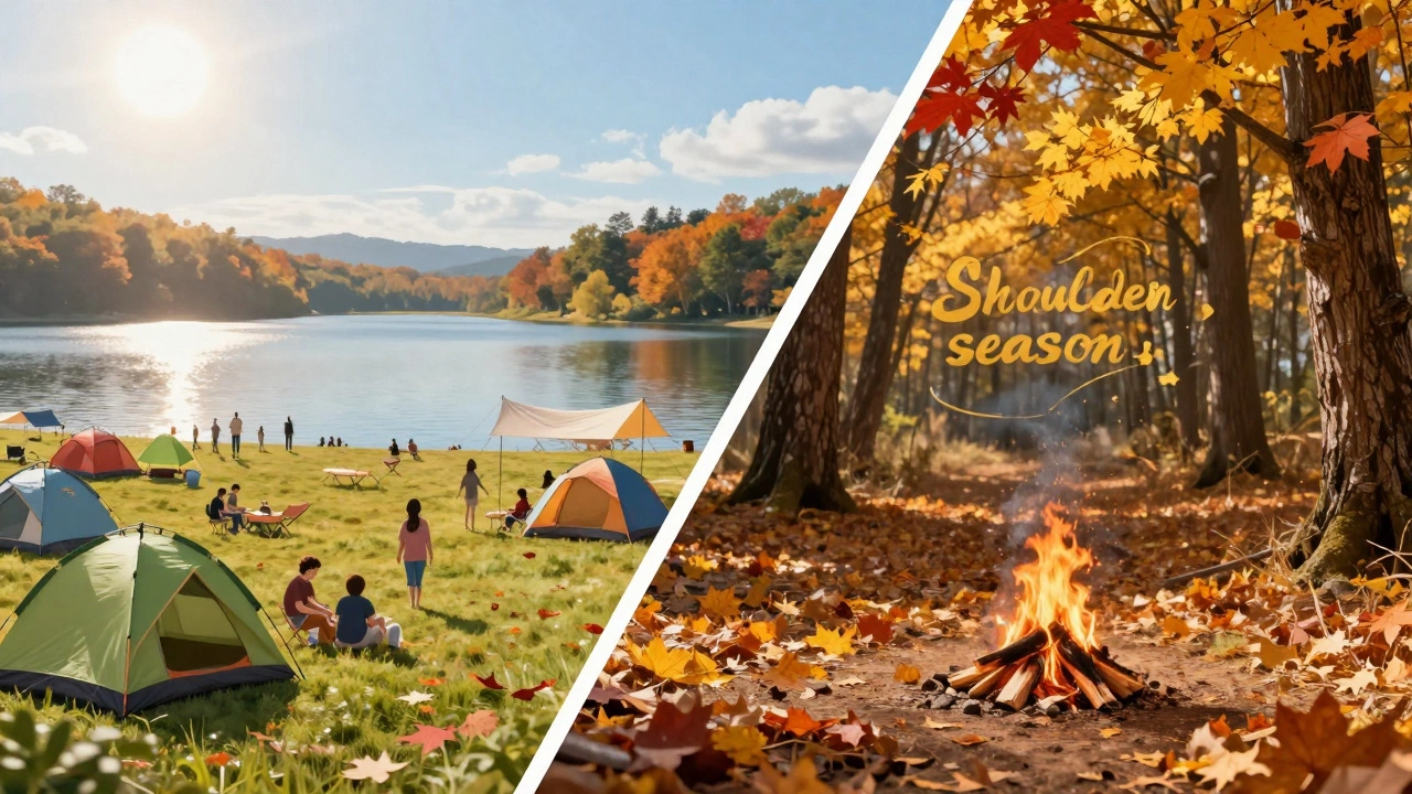 Split scene showing a busy summer campsite versus a quiet, colorful autumn camping environment.