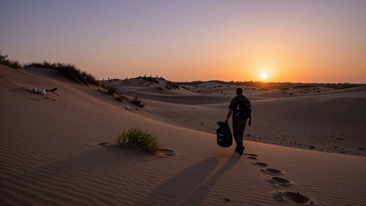 Camper packing out trash from dunes at sunset to protect nesting birds