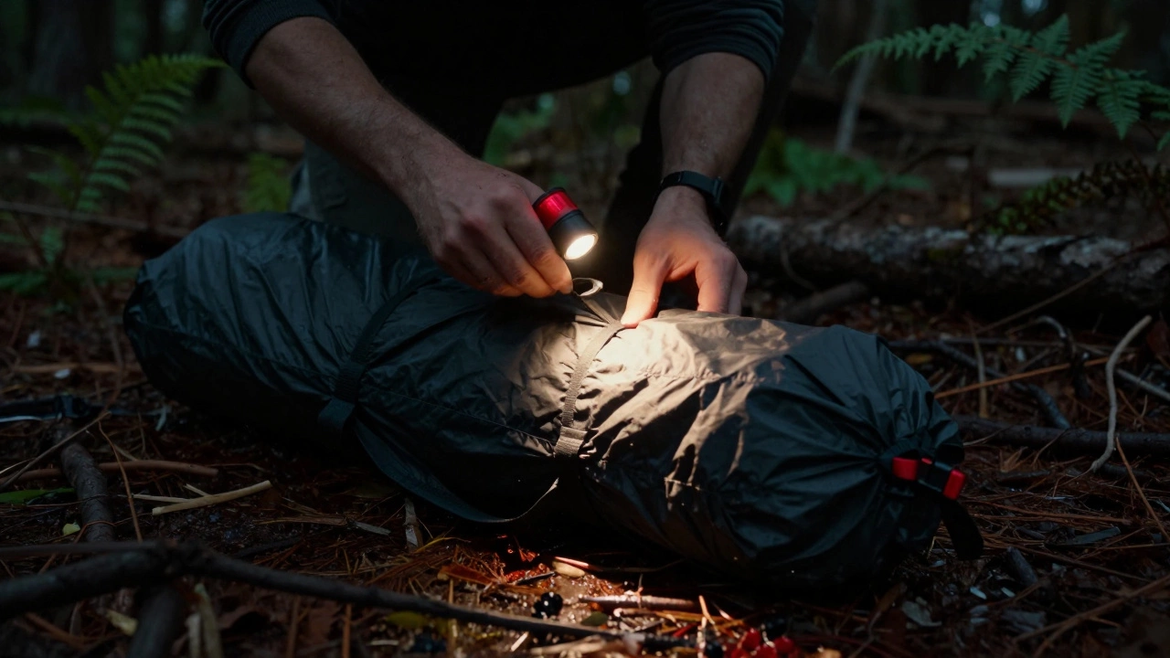 Camper using red headlamp to set up bivvy bag at night