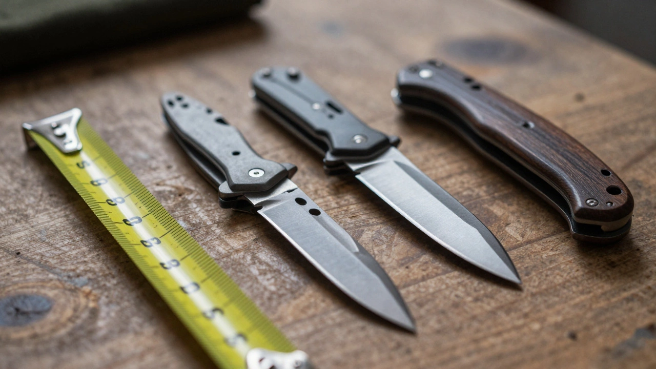 Close-up of different knife types on wood, showing blade length limits.